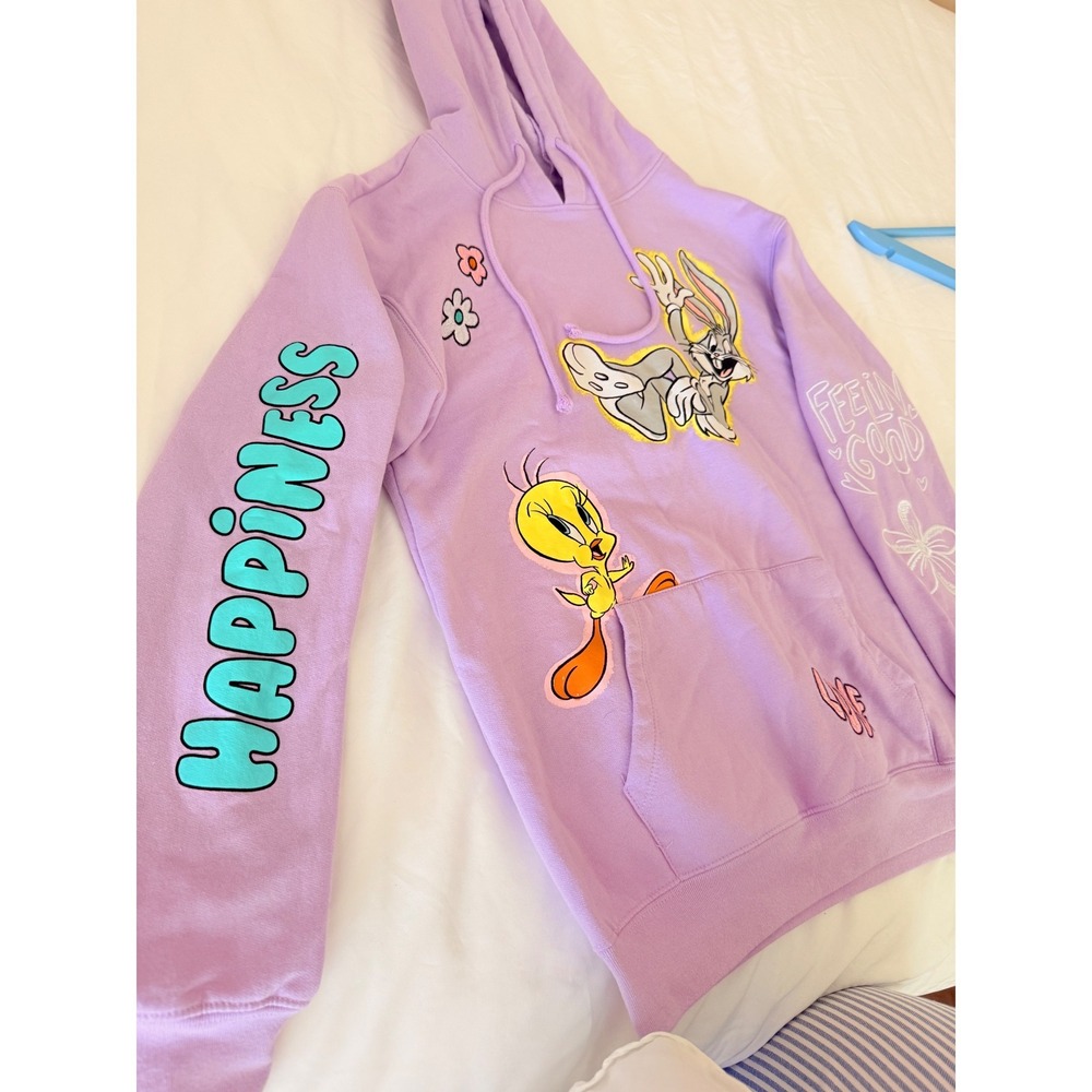 Looney Tunes Embroidered Hoodie Lavender Purple Bugs Bunny Tweety Sweatshirt s